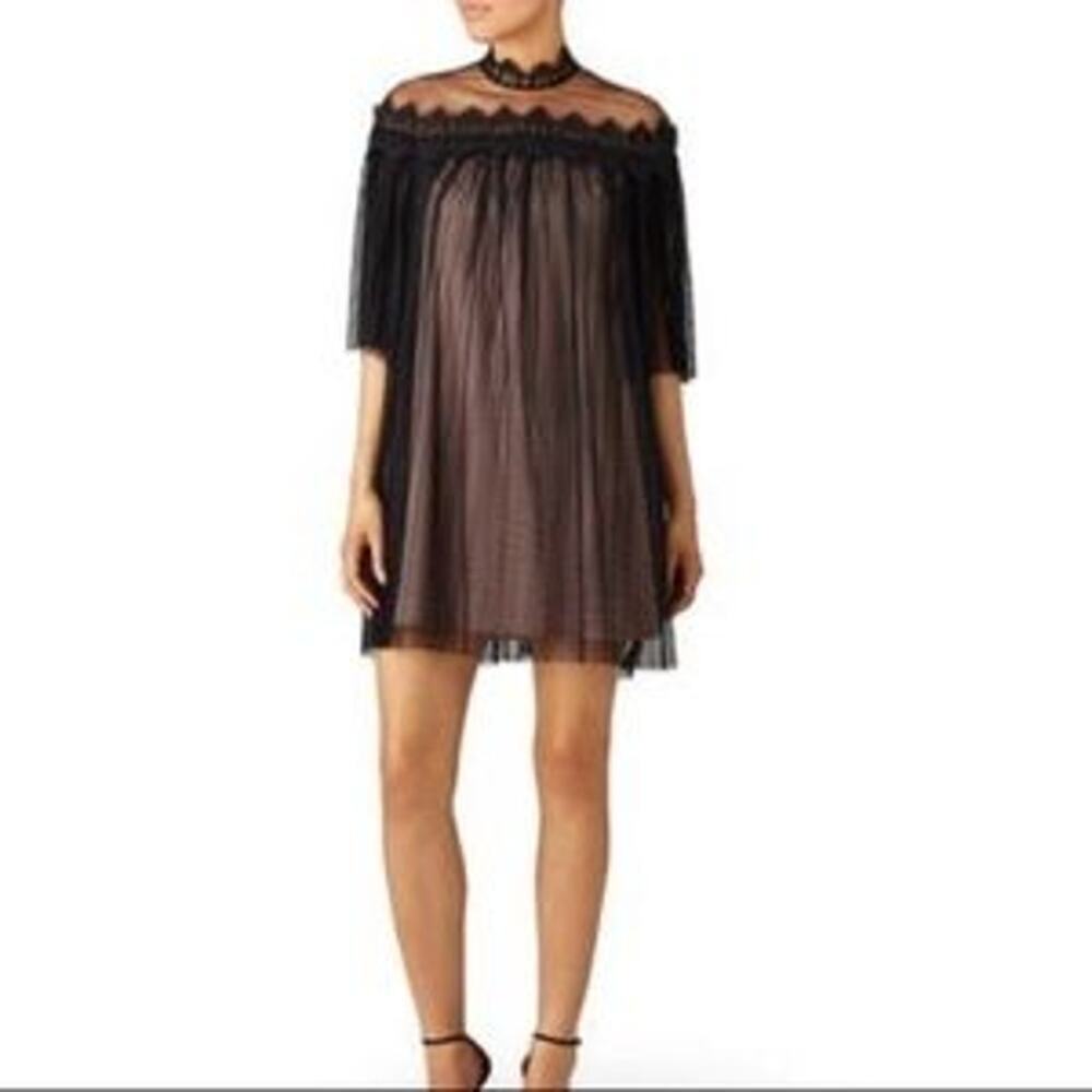 Nha Khanh Black Tulle Shift Lulu High Neckline Lace Collar Zipper Dress size 6